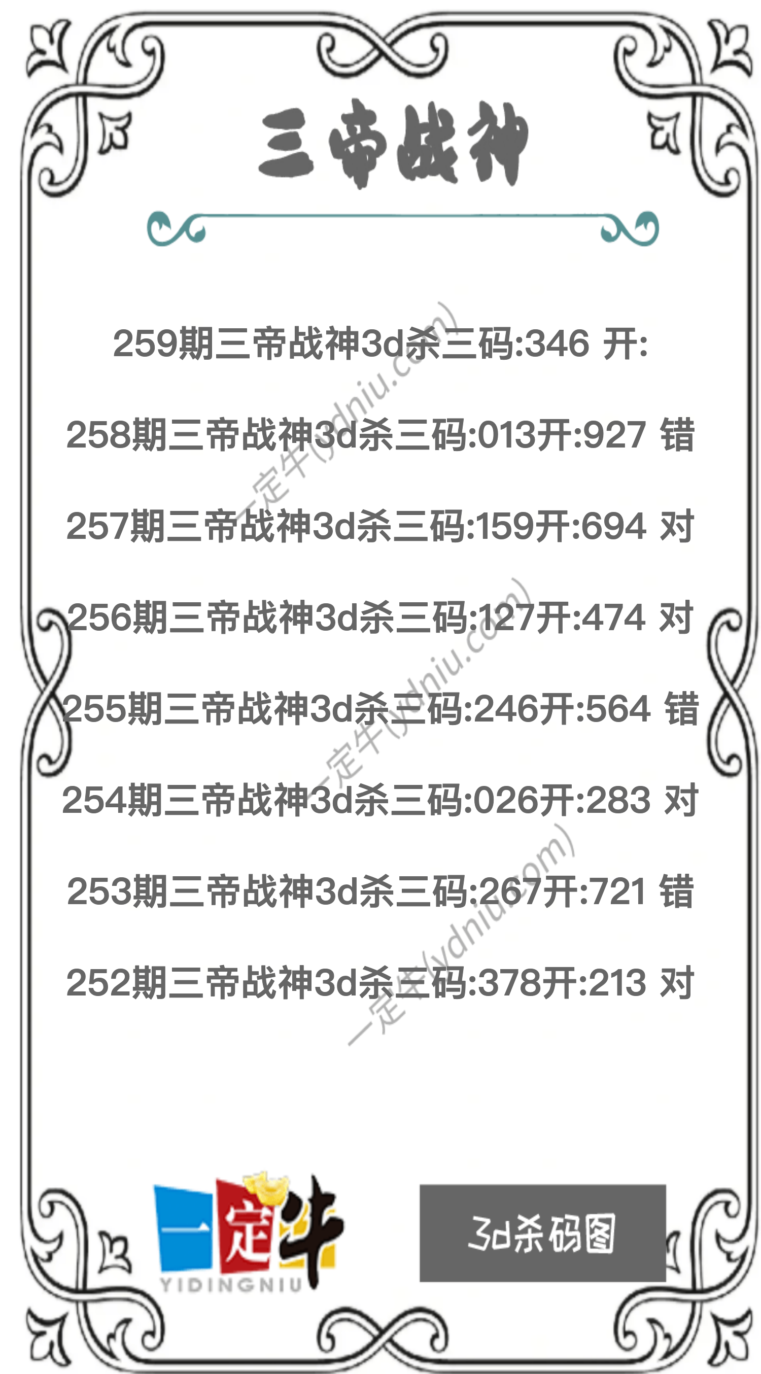 259期3d图谜三帝战神杀码